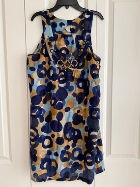 Kensie Dress Size 10 Blue Tan Abstract Print Sleeveless Statement Neck Detail
